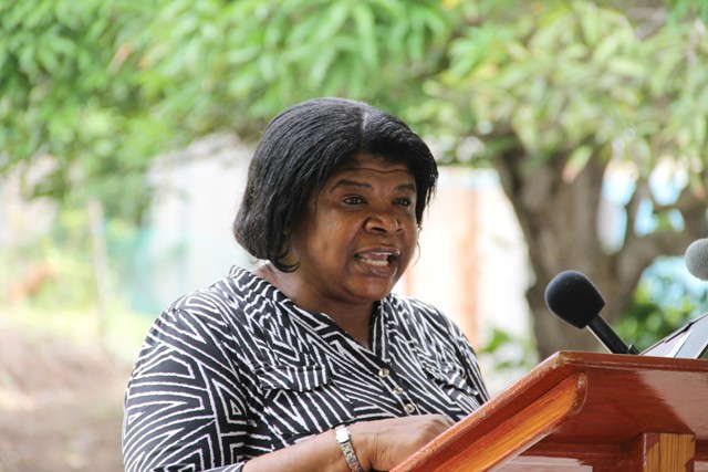 Librarian at the facility, Evette Liburd delivering remarks at the opening ceremony of the library’s 26th annual Summer Environmental Awareness Programme on Friday July 01 2016, at the Gingerland Public Market
